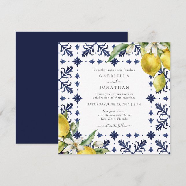 Elegant Lemon Watercolor Blue Tile Wedding  Invitation (Front/Back)
