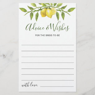 Elegant Lemon Watercolor Bridal Shower Advice Card