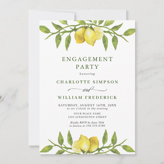 Elegant Lemon Watercolor Greenery ENGAGEMENT PARTY Invitation (Front)