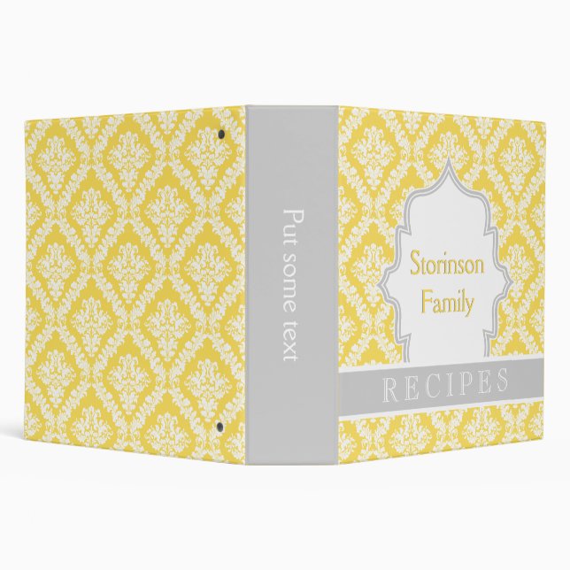 Elegant lemon yellow, grey damask recipe binder (Background)