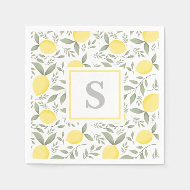 Elegant Lemons and Leaves Pattern Monogram Napkin (Front)