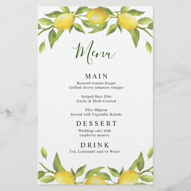 Elégant Lemons Green Diner Mariage Menu (Devant)