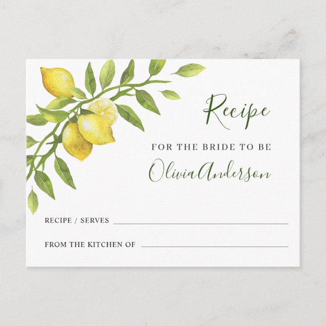 Elegant Lemons Greenery Bridal Shower Recipe Card (Front)