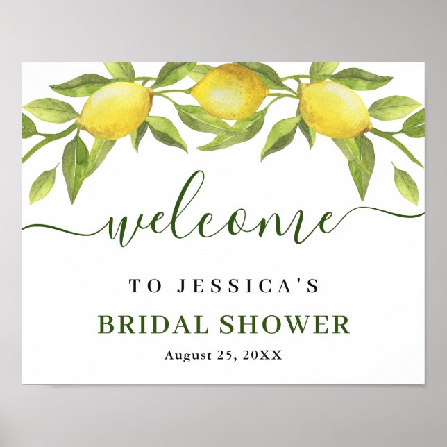 Elegant Lemons Greenery BRIDAL SHOWER Welcome Poster (Front)