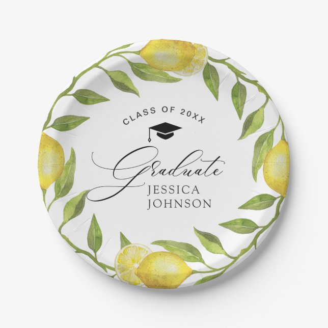 Elegant Lemons Greenery Chic Graduation Party Paper Plate (Front)