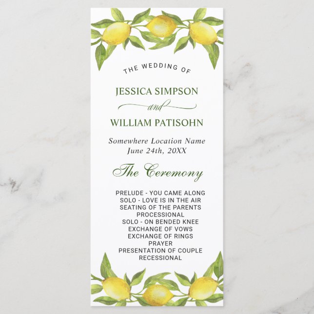 Elegant Lemons Greenery Wedding Ceremony Program (Front)