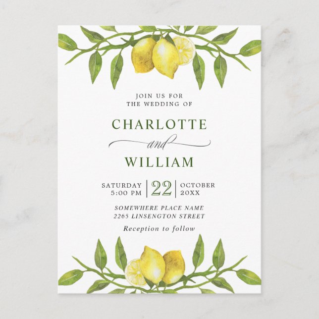 Elegant Lemons Greenery Wedding Invitation Postcard (Front)