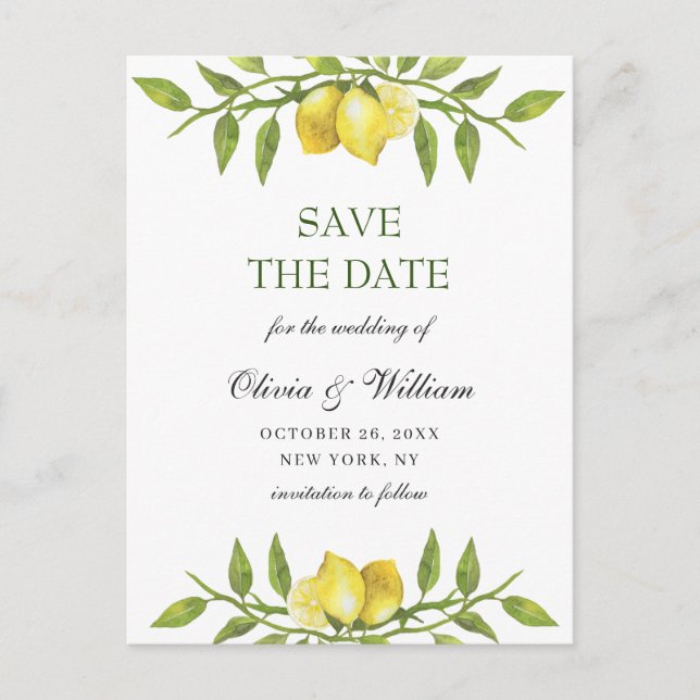 Elegant Lemons Greenery Wedding Save The Date Post Postcard (Front)