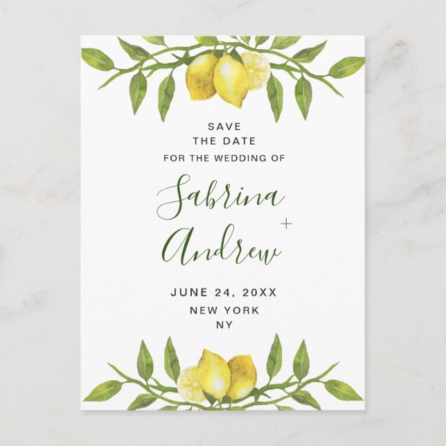 Elegant Lemons Greenery Wedding Save The Date Postcard (Front)
