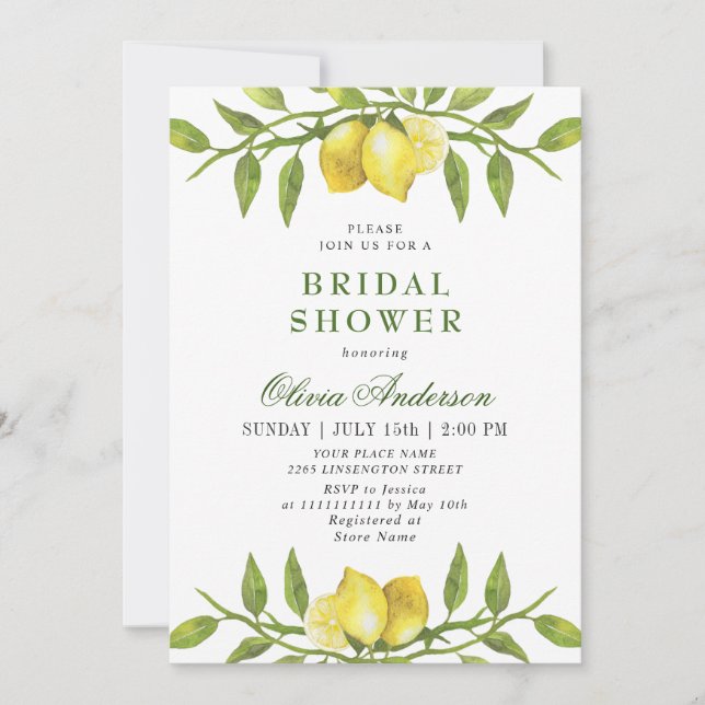 Elegant Lemons Watercolor Greenery BRIDAL SHOWER Invitation (Front)