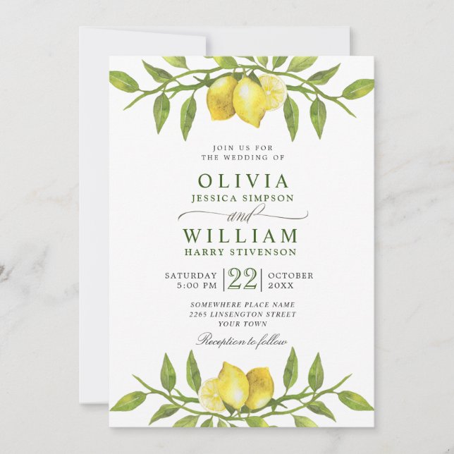 Elegant Lemons Watercolor Greenery Wedding Invitation (Front)