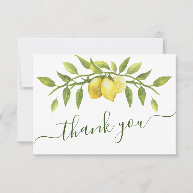Elegant Lemons Watercolor Greenery Wedding Thank You Card (Front)