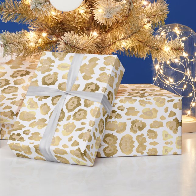 Elegant leopard animal print gold foil beige white wrapping paper (Holidays)