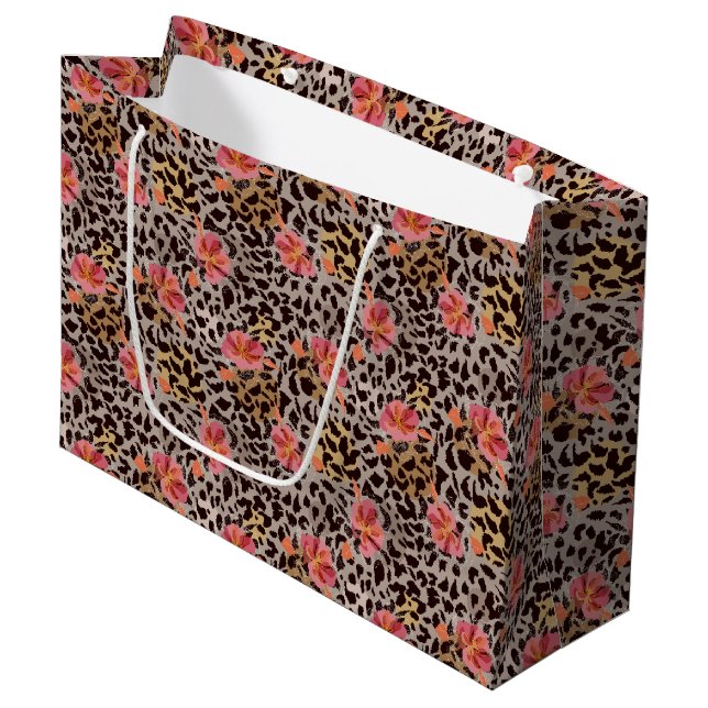 Elegant Leopard Animal Print Pattern Pink Flowers Large Gift Bag (Front Angled)