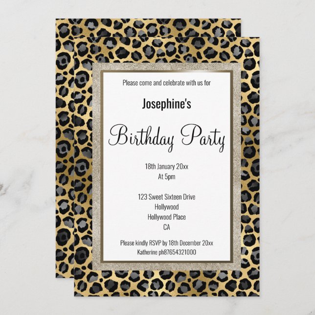 ELEGANT LEOPARD BLACK GOLD PATTERN BIRTHDAY  INVITATION (Front/Back)