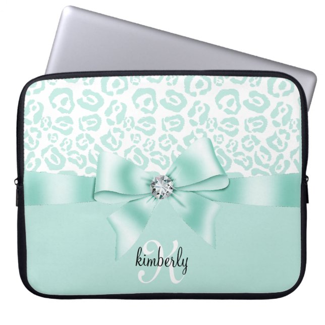 Elegant Leopard Bow & Diamond Personalized Girly Laptop Sleeve (Front)