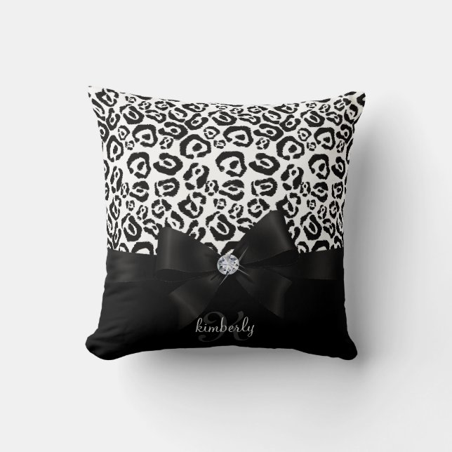 Elegant Leopard Bow & Diamond Personalized Girly Throw Pillow (Front)