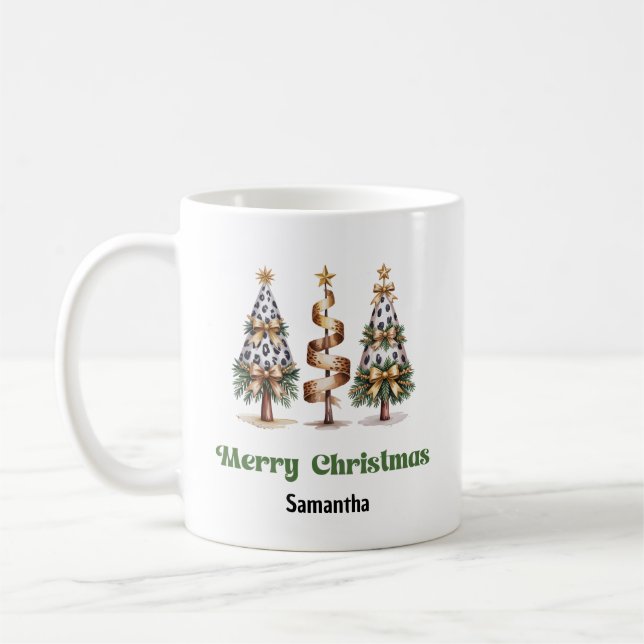 Elegant leopard christmas trees custom name mug (Left)