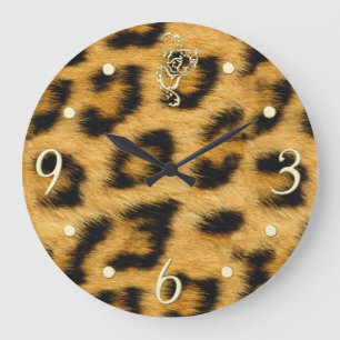 Elegant Leopard Fur with Gold Clockface Wall Clock