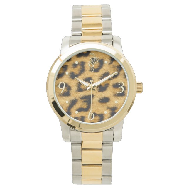 Elegant Leopard Fur with Gold Clockface - Watch (Front)