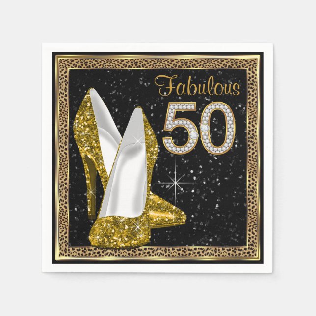 Elegant Leopard Gold High Heel 50th Birthday Party Napkin (Front)