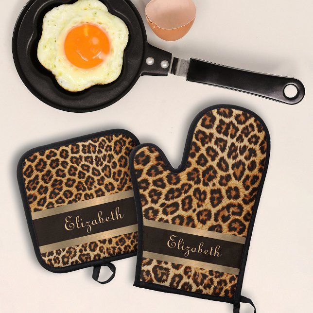 Elegant Leopard Pattern Brown and Gold Stripe Name Oven Mitt & Pot Holder Set (Creator Uploaded)
