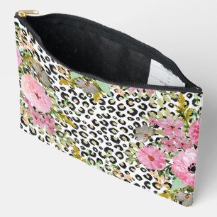 Elegant Leopard Print and Floral Design Accessory Pouch