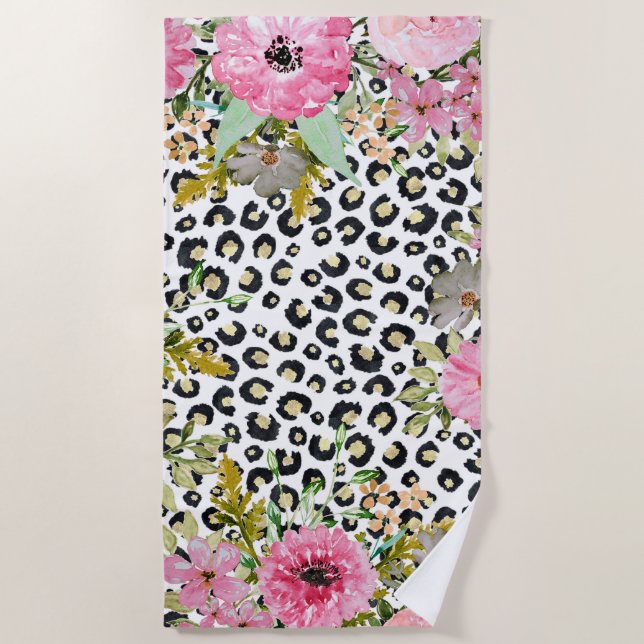 Elegant Leopard Print and Floral Design Beach Towel (Front)
