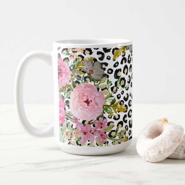 Elegant Leopard Print and Floral Design Coffee Mug (With Donut)