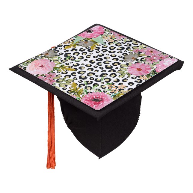 Elegant Leopard Print and Floral Design Graduation Cap Topper (Angled)