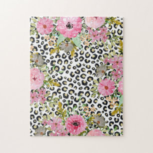 Elegant Leopard Print and Floral Design Jigsaw Puzzle