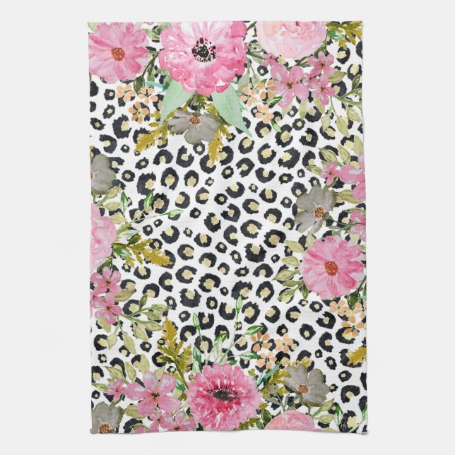 Elegant Leopard Print and Floral Design Kitchen Towel (Vertical)