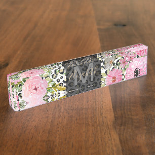 Elegant Leopard Print and Floral Design Nameplate