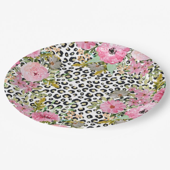 Elegant Leopard Print and Floral Design Paper Plate (Angled)
