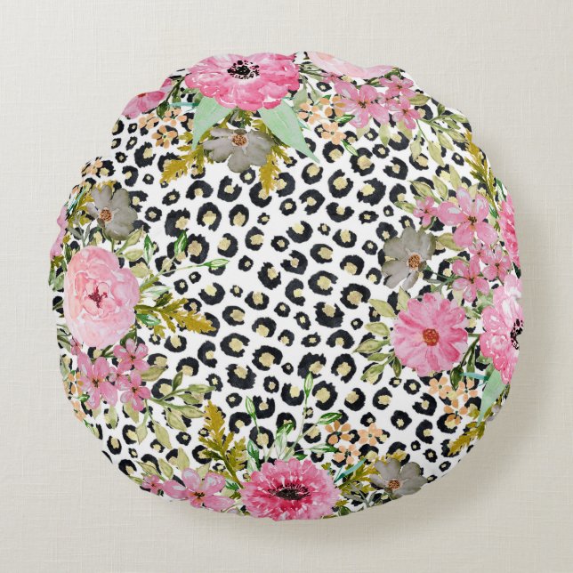 Elegant Leopard Print and Floral Design Round Pillow (Front)