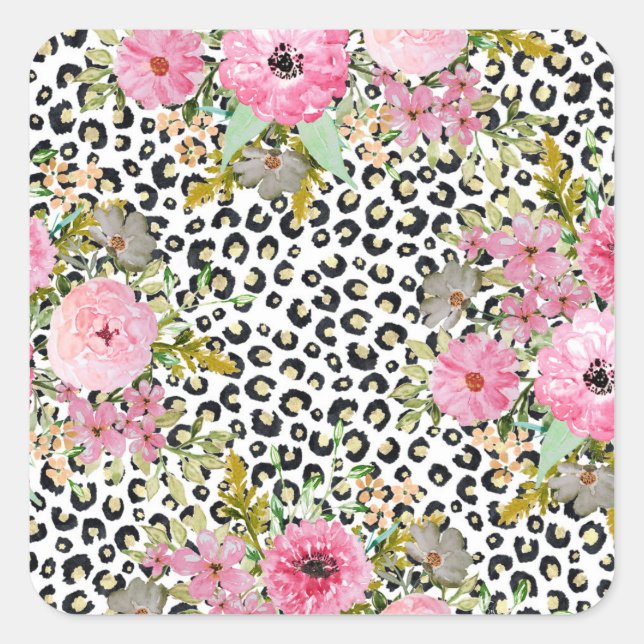 Elegant Leopard Print and Floral Design Square Sticker (Front)