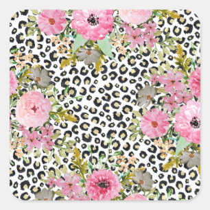 Elegant Leopard Print and Floral Design Square Sticker