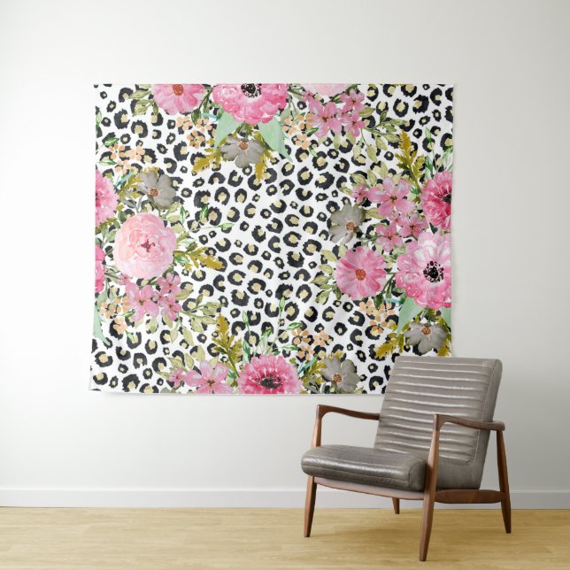 Elegant Leopard Print and Floral Design Tapestry (In Situ (Horizontal))