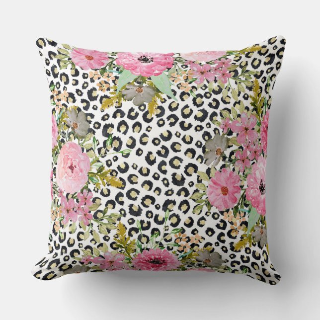 Elegant Leopard Print and Floral Design Throw Pillow (Front)