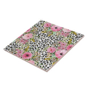 Elegant Leopard Print and Floral Design Tile