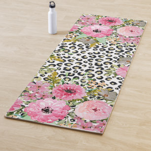 Elegant Leopard Print and Floral Design Yoga Mat