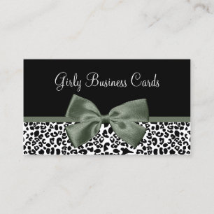 Elegant Leopard Print And Mossy Green Ribbon Business Card