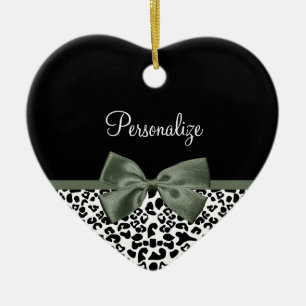 Elegant Leopard Print Dark Green Ribbon With Name Ceramic Ornament