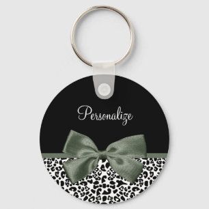 Elegant Leopard Print Dark Green Ribbon With Name Keychain