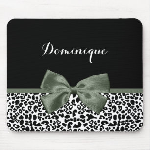 Elegant Leopard Print Dark Green Ribbon With Name Mouse Pad