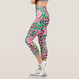 Elegant Leopard Print & Floral Paint Pink design Capri Leggings