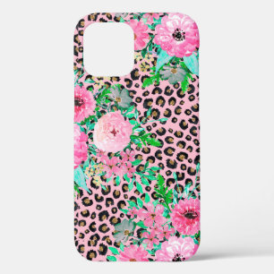 Elegant Leopard Print & Floral Paint Pink design iPhone 12 Case