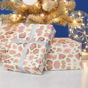 Elegant leopard print gold foil pink white girly wrapping paper