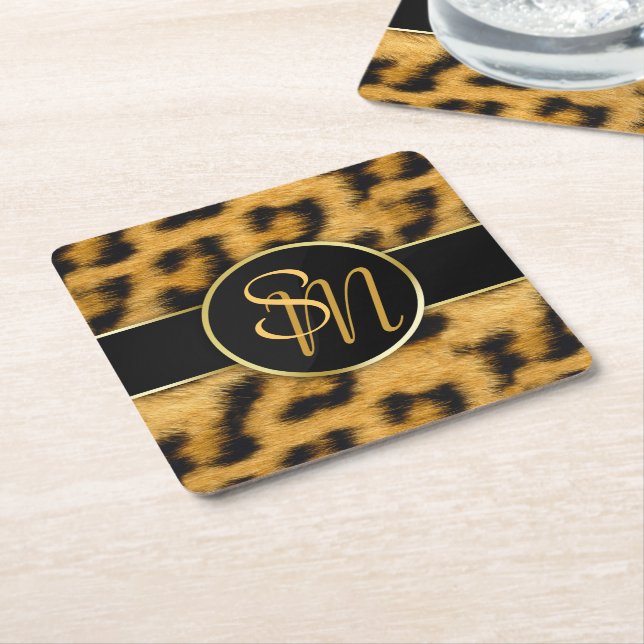 Elegant Leopard Print Monogram - Paper Coaster (Angled)