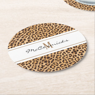 Elegant Leopard Print Monogram Personalized Round Paper Coaster